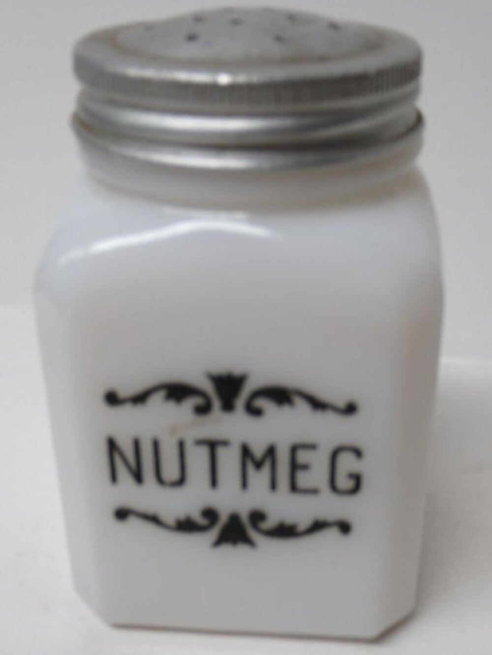 McKee Milk Glass TIPP City NUTMEG Black Scroll 3 1/4 Inch Shaker
